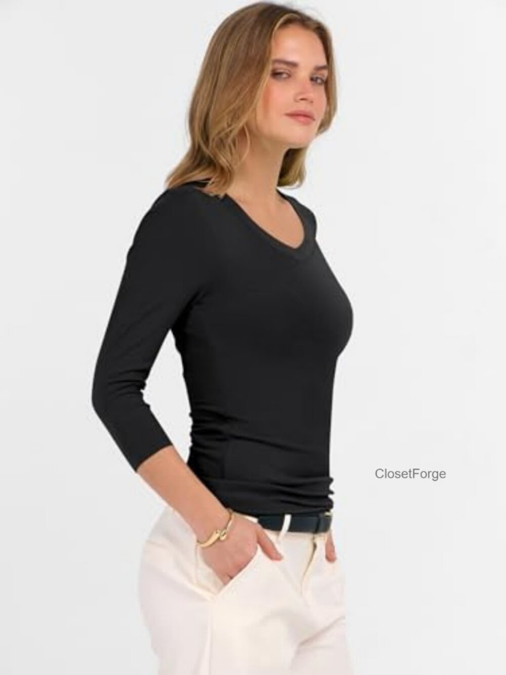 3/4 Length Sleeve Ribbed Knit V Neck Slim Fit T-Shirt - Picture 4 of 7